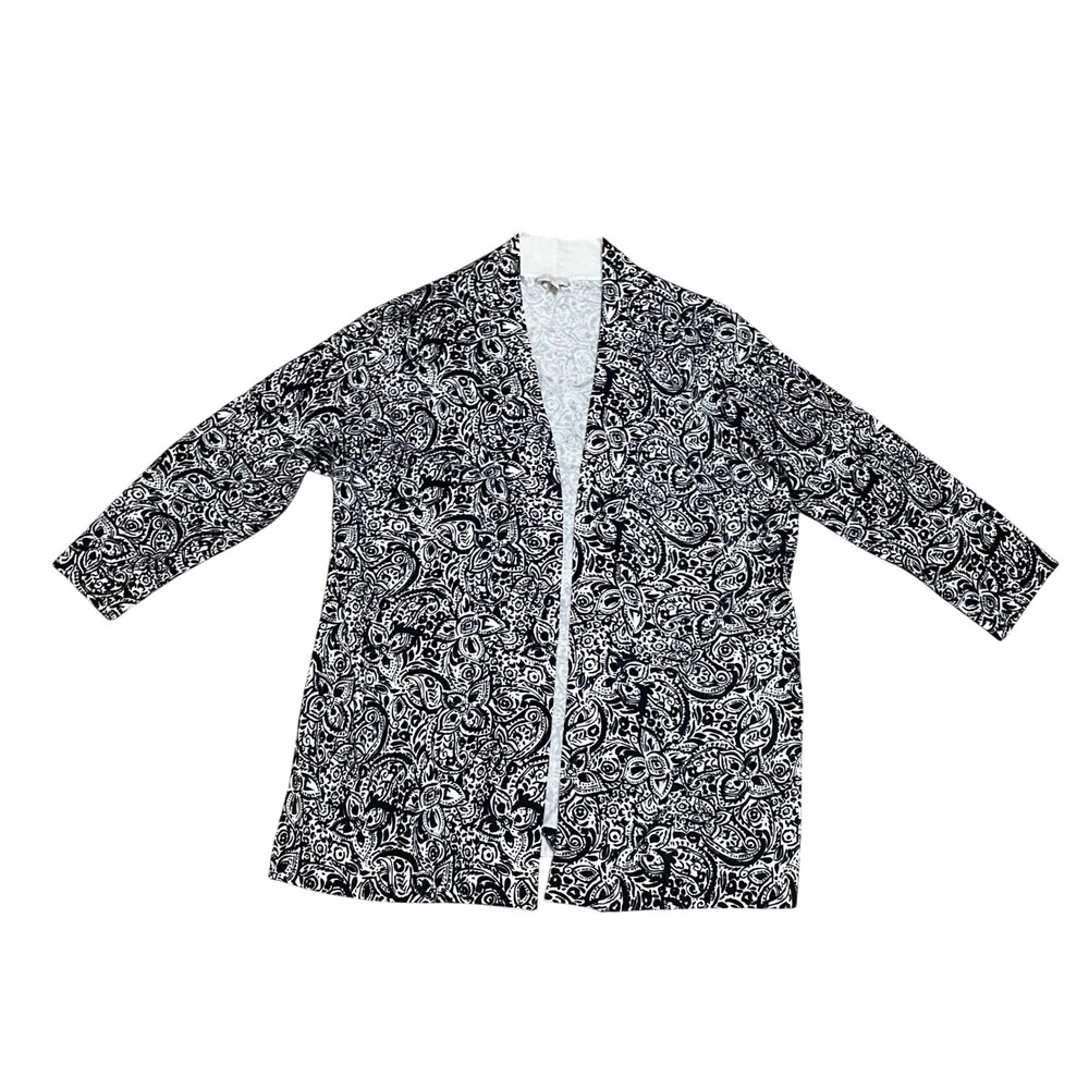 Talbots 1X Black White Paisley Cotton Open Front Lightweight Cardigan Sweater